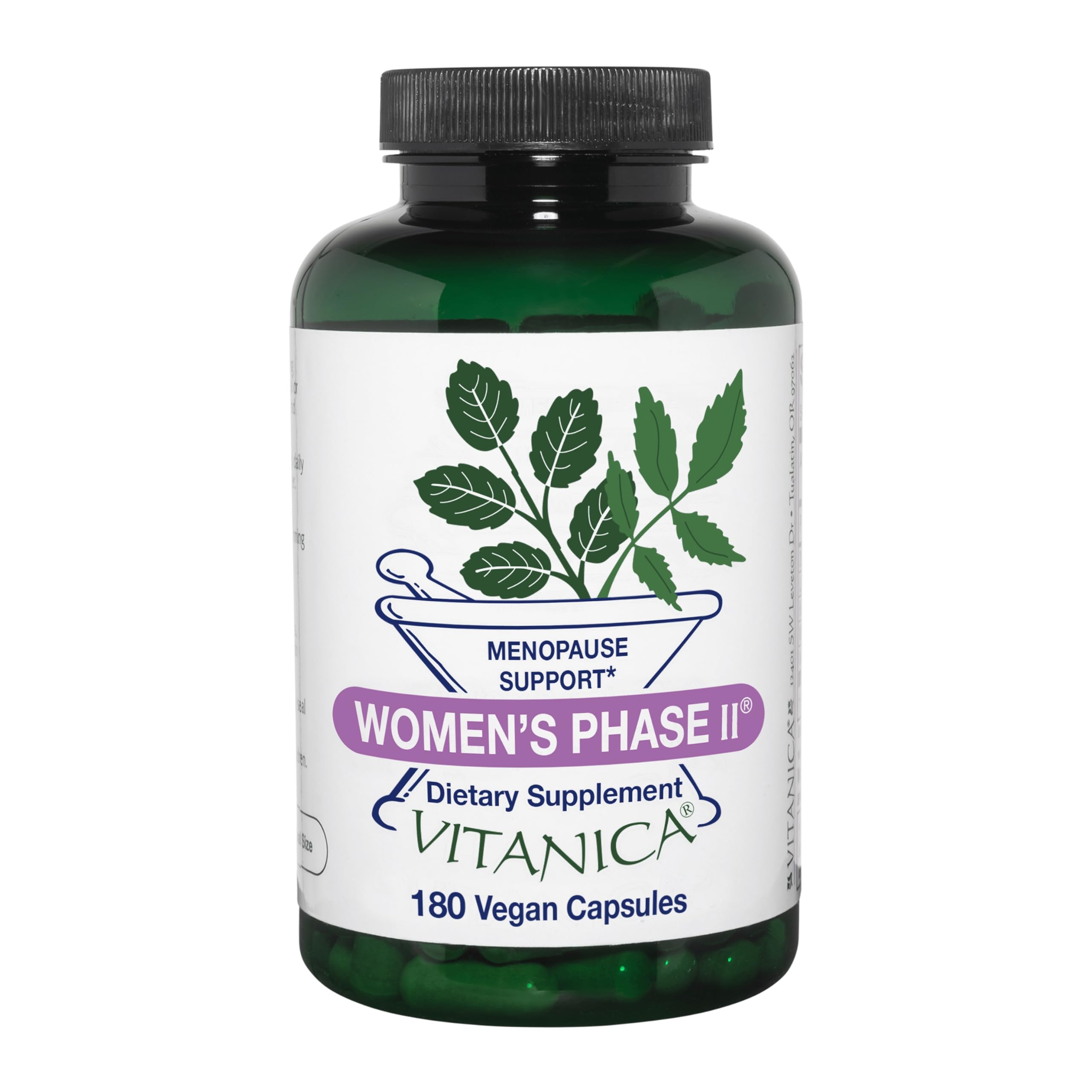 Vitanica Women's Phase II bottle close-up highlighting vegan menopause support.