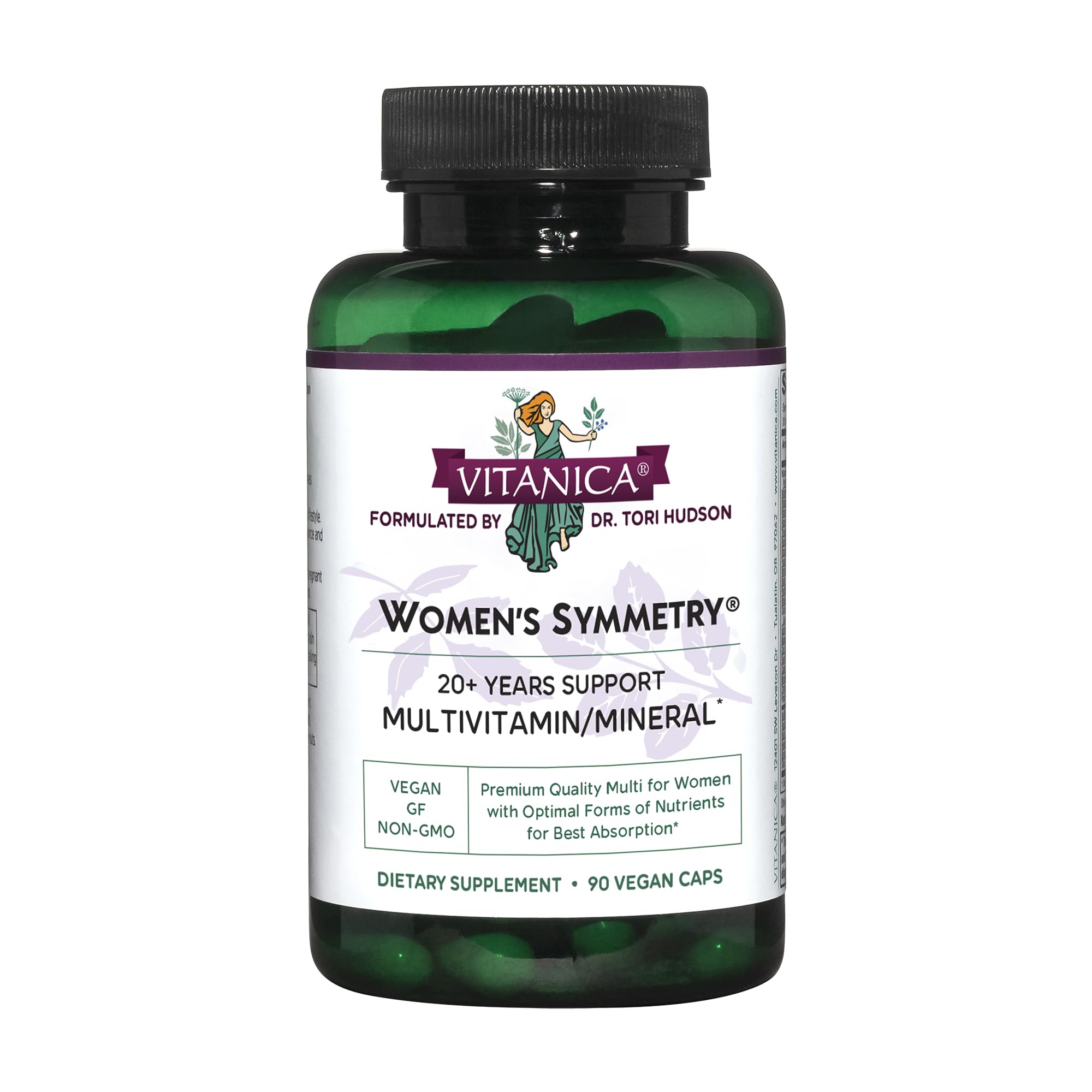 Vitanica Women's Symmetry bottle front showing a vegan multivitamin for daily nutrition