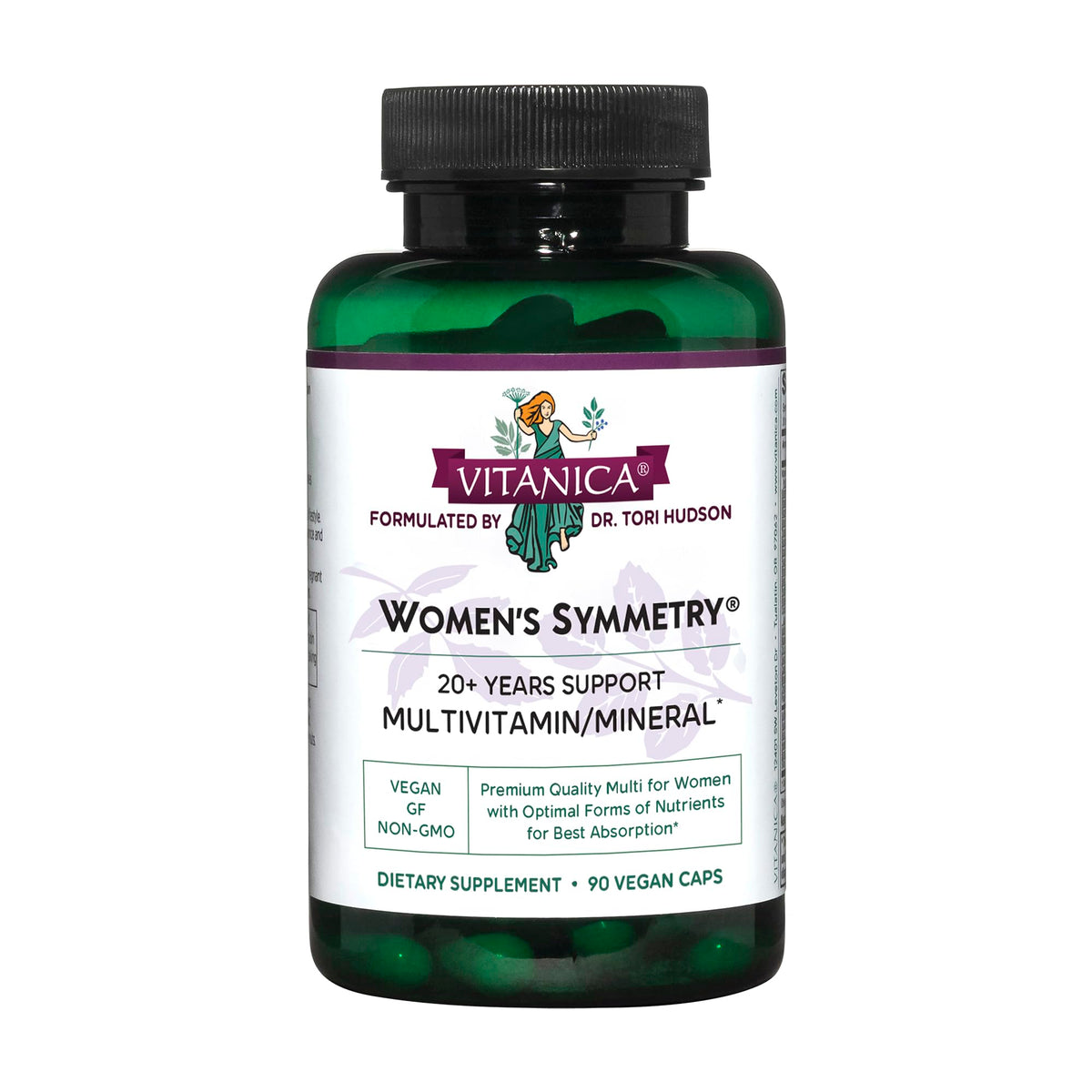 Vitanica Women's Symmetry bottle front showing a vegan multivitamin for daily nutrition