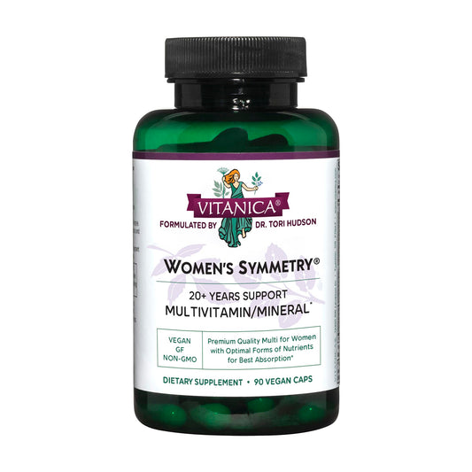 Vitanica Women's Symmetry bottle front showing a vegan multivitamin for daily nutrition