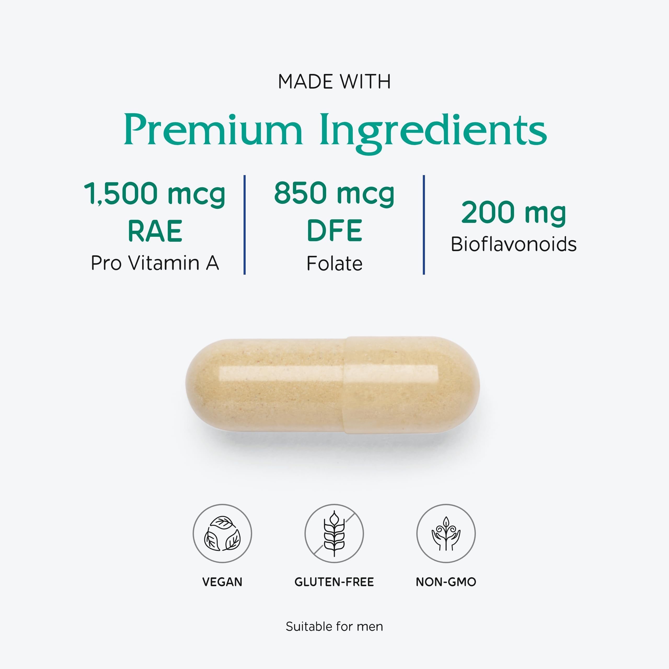 Vitanica Women's Symmetry ingredients panel shows premium vitamins and minerals tailored for women.