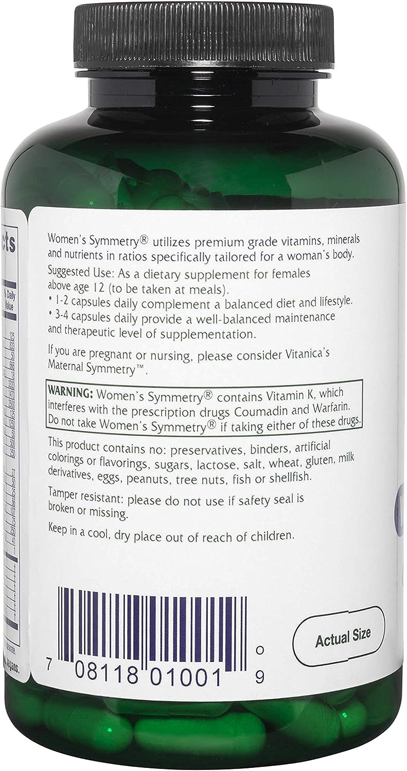 Vitanica Women's Symmetry label info highlighting non-GMO, hypoallergenic, preservative-free formulation.