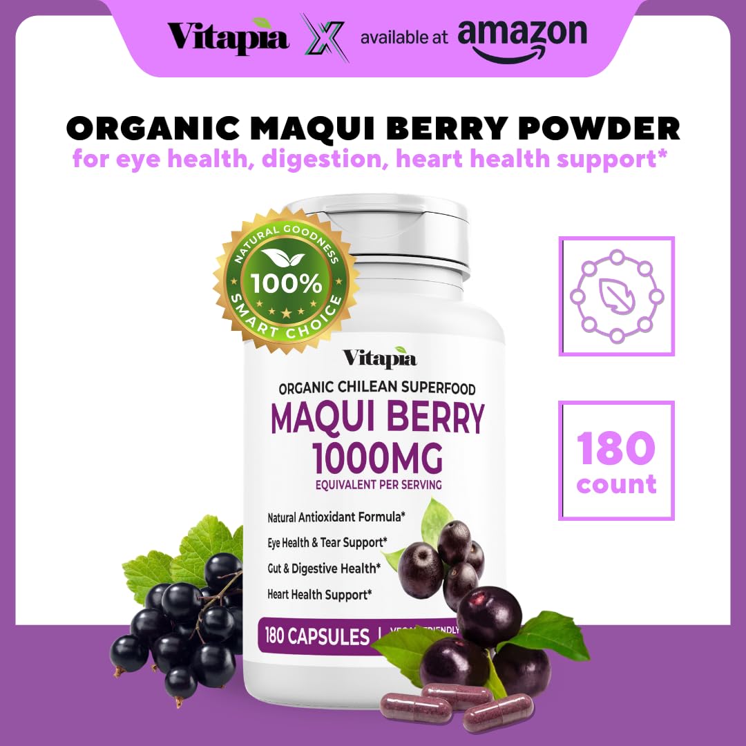 Vitapia Maqui Berry bottle on white highlights vegan-friendly, gluten-free formulation.
