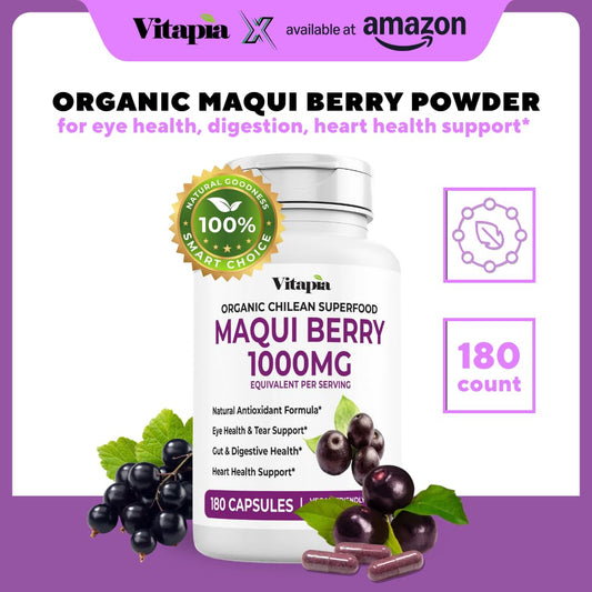 Vitapia Maqui Berry bottle on white highlights vegan-friendly, gluten-free formulation.