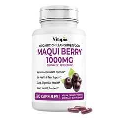 Vitapia Maqui Berry capsules closeup showing 1000 mg serving for daily support.