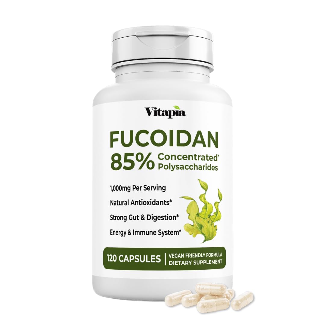 Vitapia Pure Fucoidan 85% bottle shows concentrated seaweed extract for daily wellness.