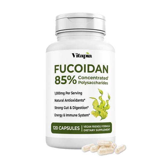 Vitapia Pure Fucoidan 85% bottle shows concentrated seaweed extract for daily wellness.