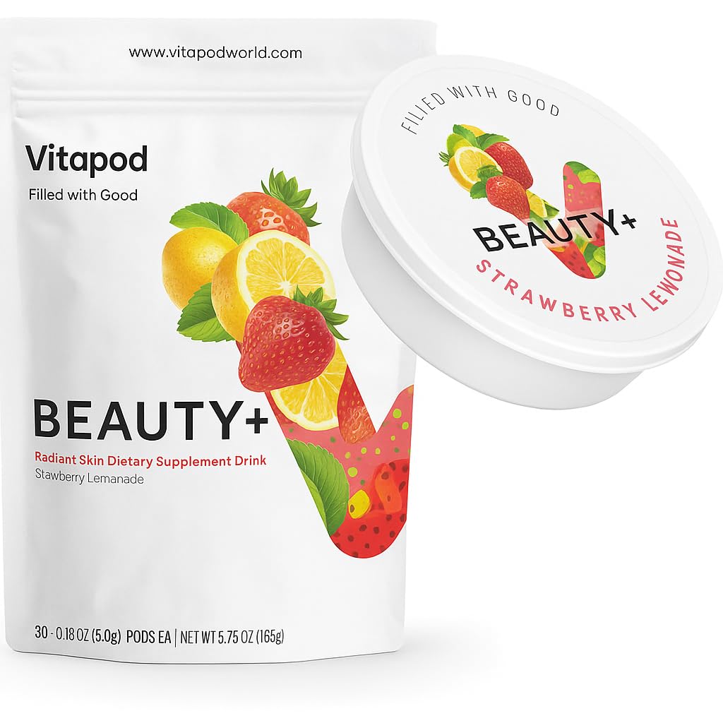 Vitapod Beauty+ Strawberry Lemonade pod pour delivers tasty hydration and antioxidant-rich nourishment.