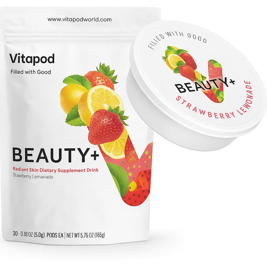 Vitapod Beauty+ Strawberry Lemonade pod pour delivers tasty hydration and antioxidant-rich nourishment.