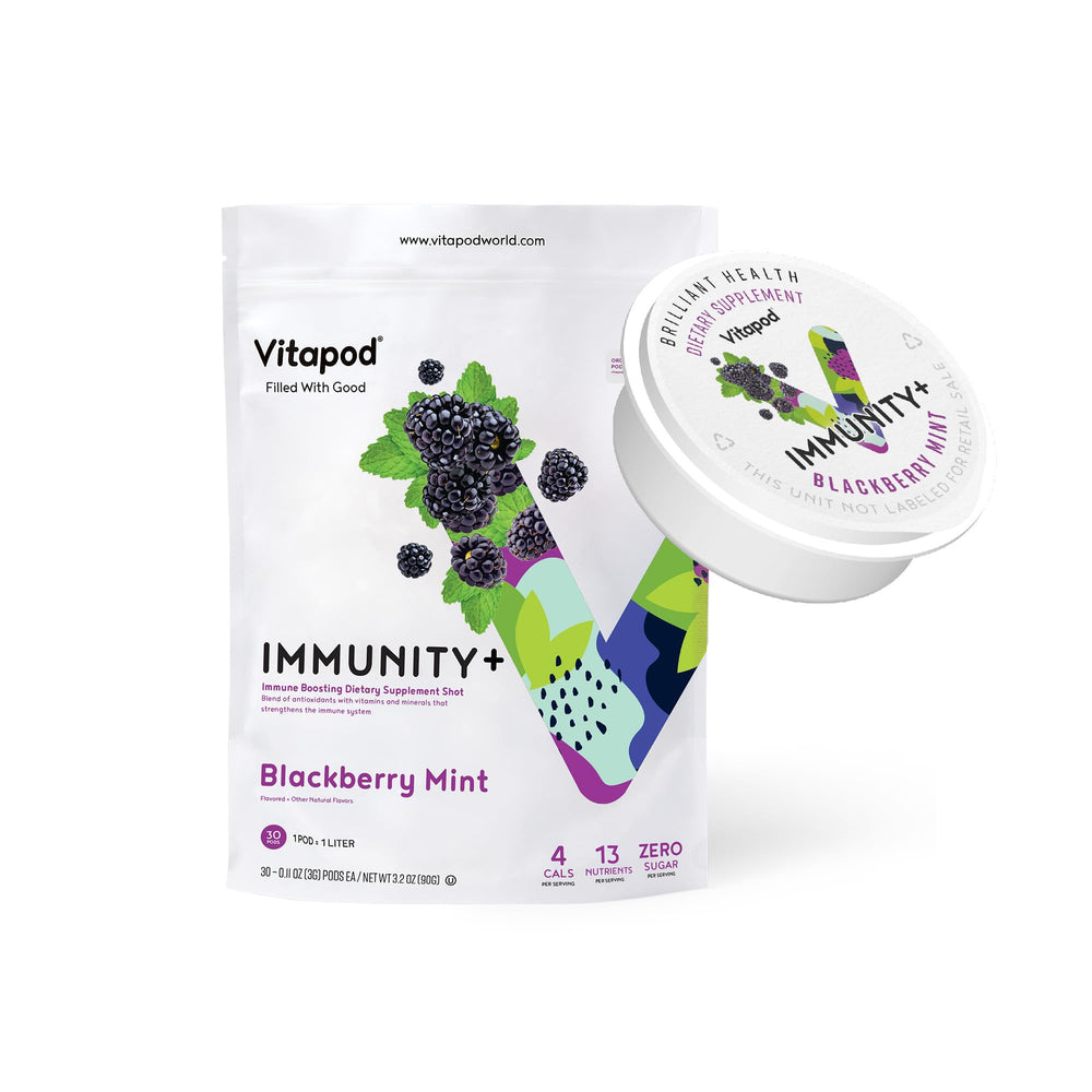Vitapod Immunity+ Blackberry Mint bottle-pour illustrating on-the-go hydration with immune-support ingredients