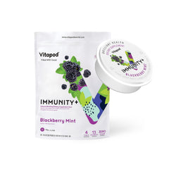 Vitapod Immunity+ Blackberry Mint bottle-pour illustrating on-the-go hydration with immune-support ingredients