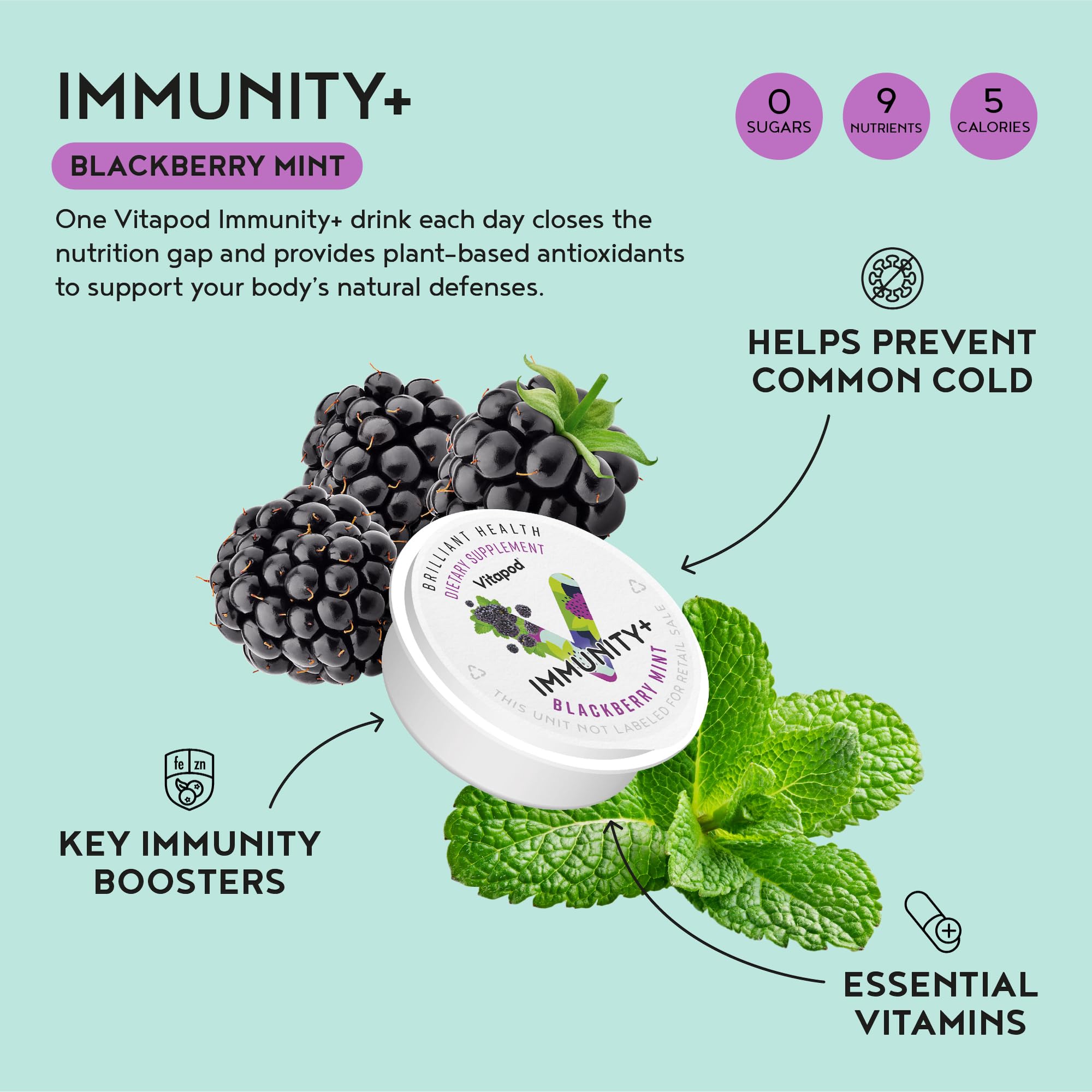 Vitapod Immunity+ Blackberry Mint glass with water for daily wellness sip
