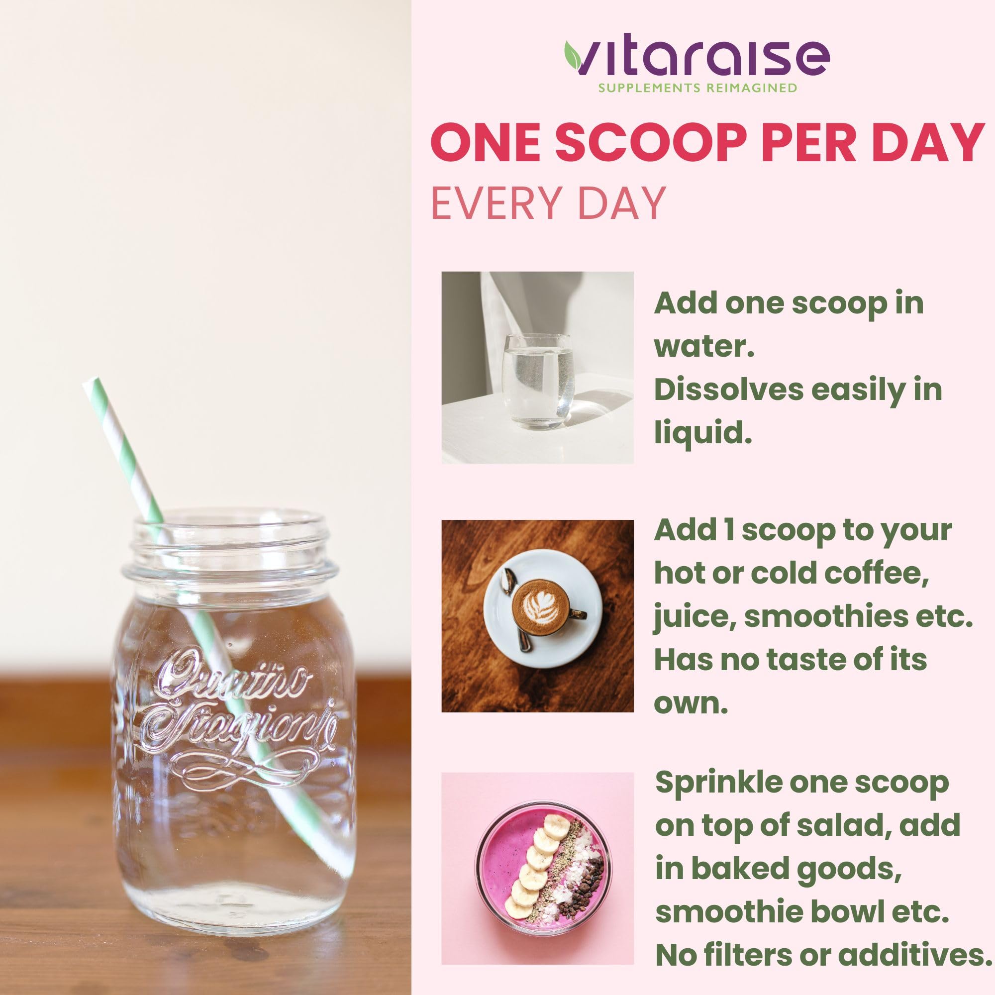 Vitaraise collagen powder lifestyle shot emphasizes skincare and daily use