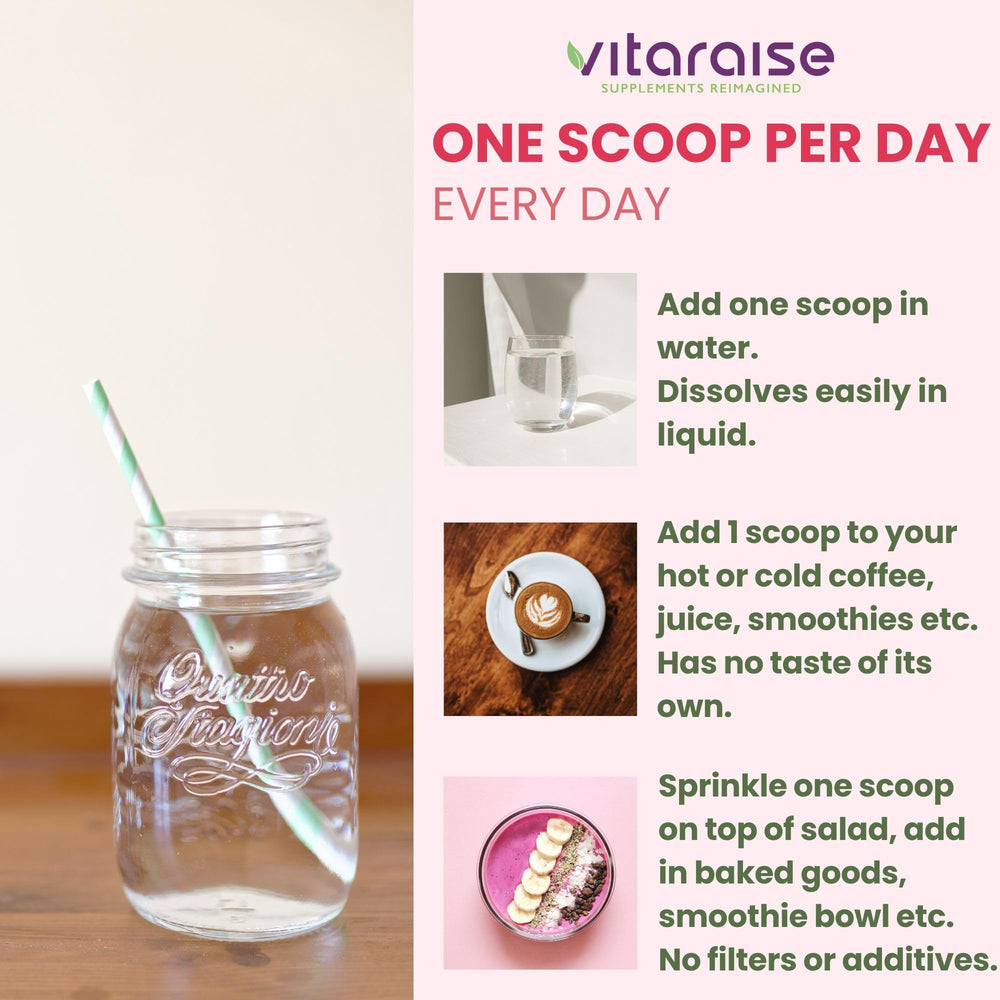 Vitaraise collagen powder lifestyle shot emphasizes skincare and daily use