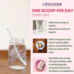 Vitaraise collagen powder lifestyle shot emphasizes skincare and daily use