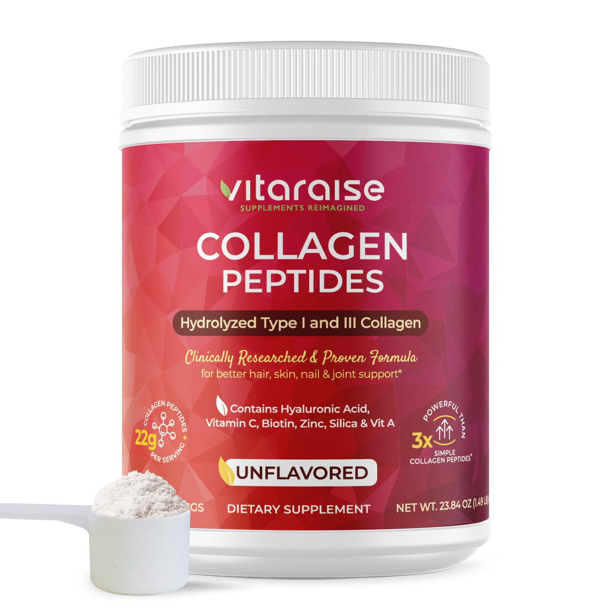 Vitaraise Hydrolyzed Collagen Powder bottle shown for convenient daily supplement