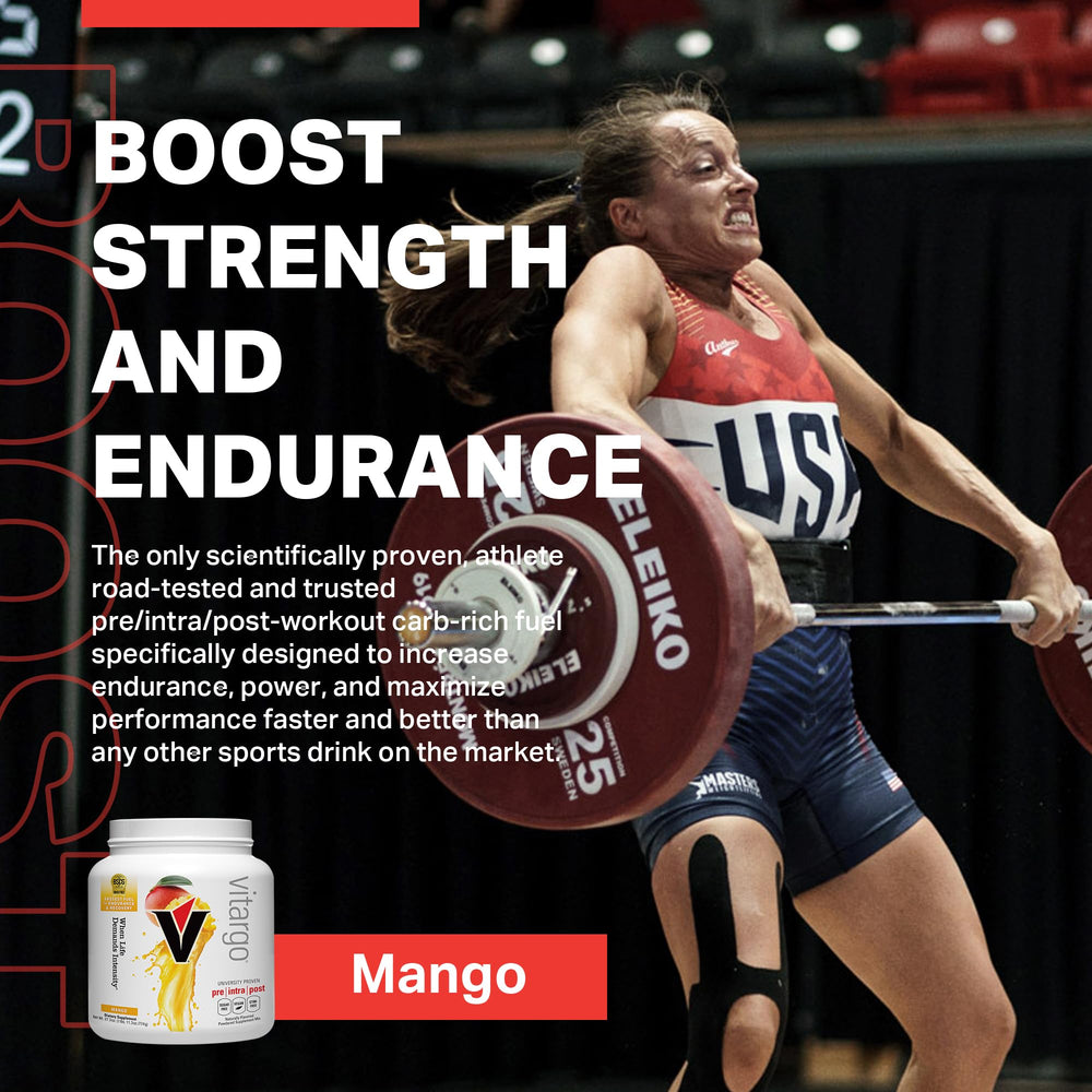 Vitargo 1lb mango packaging front view optimized for workouts.