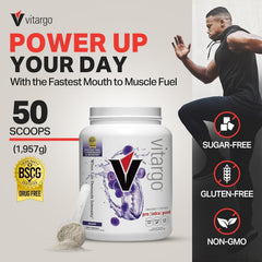 Vitargo carbohydrate powder tub label close-up highlighting vegan and gluten-free formula.