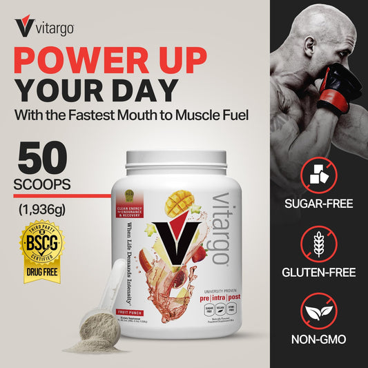 Vitargo Fruit Punch powder scoop showing quick mixing and intra-workout fueling