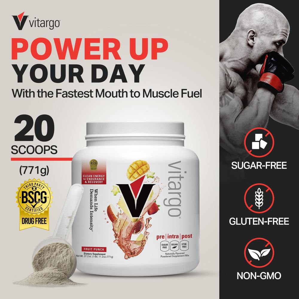 Vitargo Fruit Punch tub side view showing packaging and label