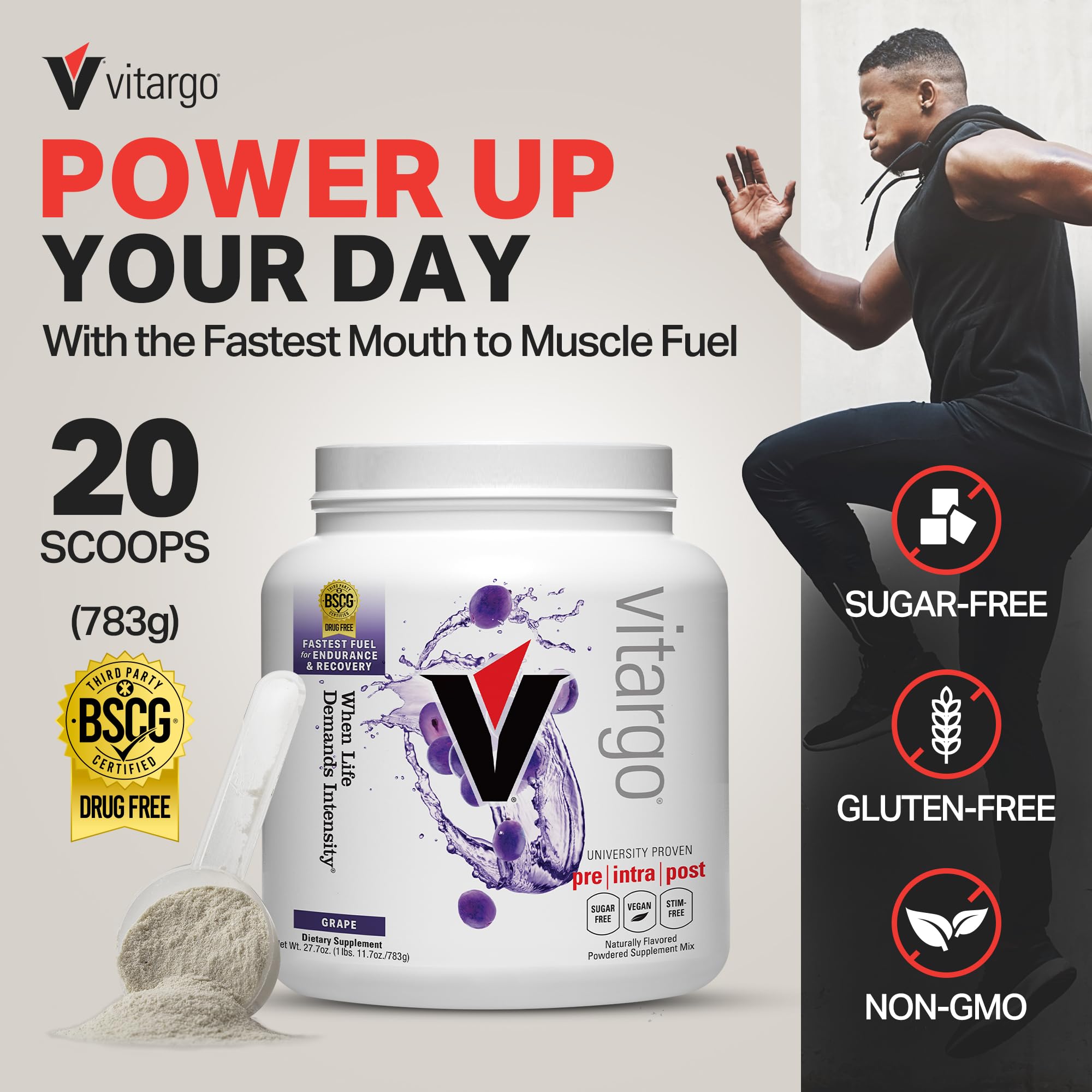 Vitargo grape powder dissolving in water for smooth digestion and fast energy