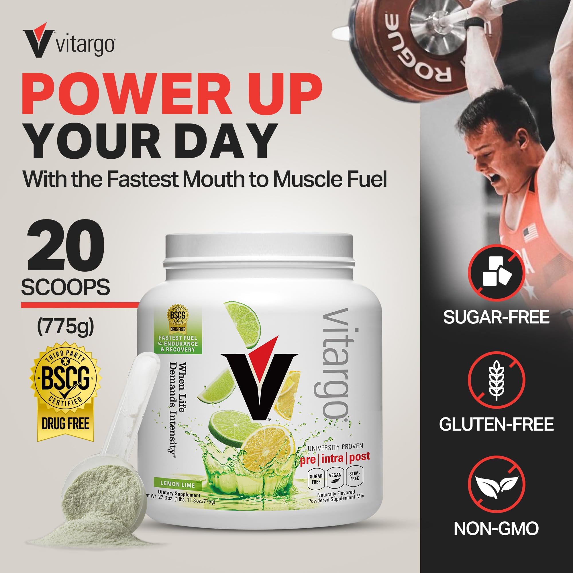 Vitargo lemon-lime scoop ready to mix for quick energy before training.