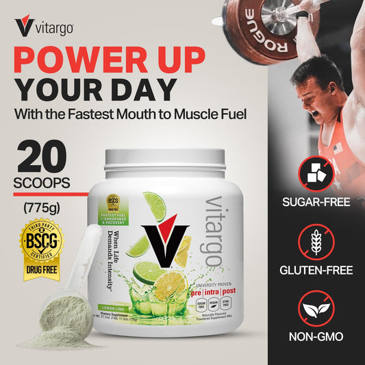 Vitargo lemon-lime scoop ready to mix for quick energy before training.