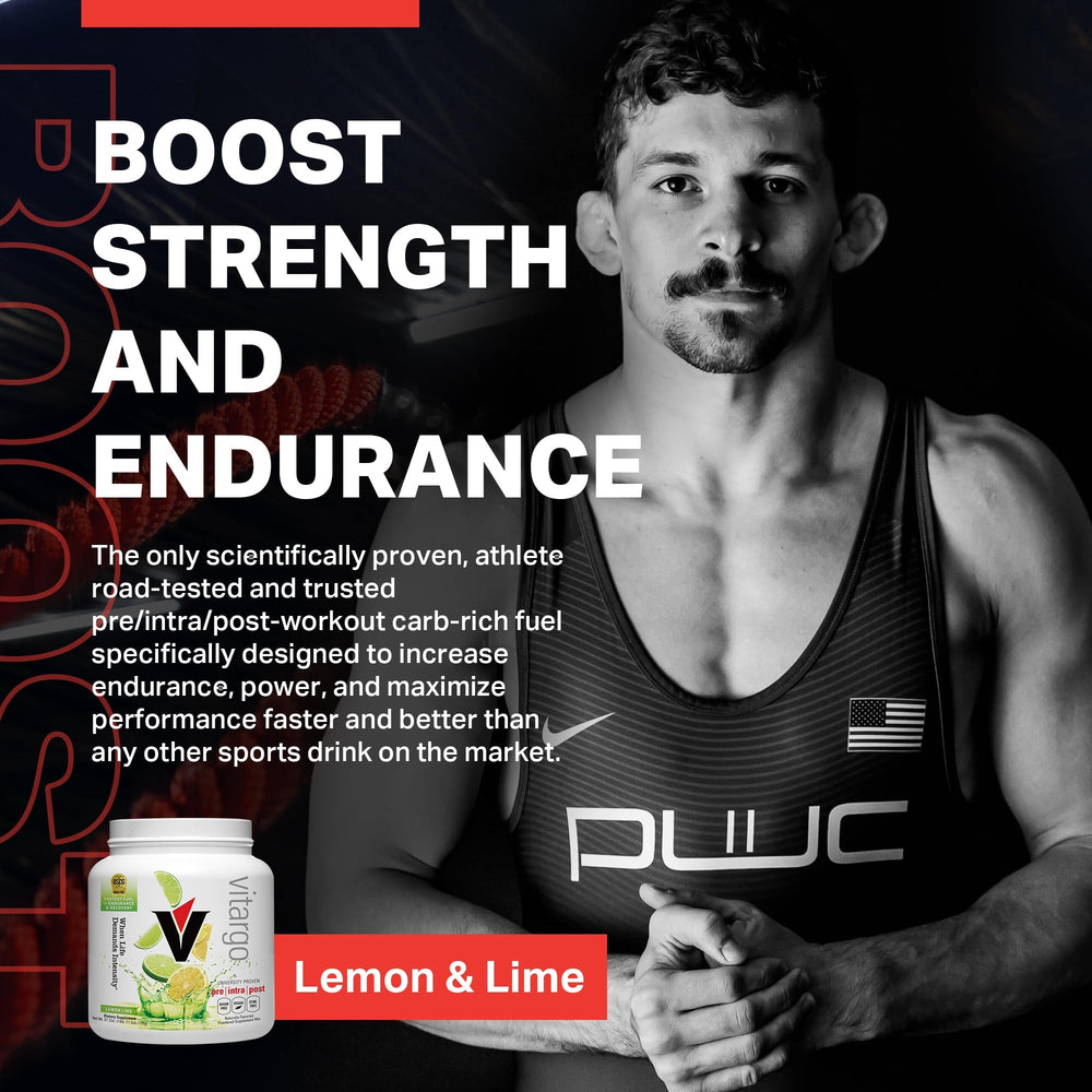Vitargo lemon-lime shaker bottle shows easy intra-workout fueling.