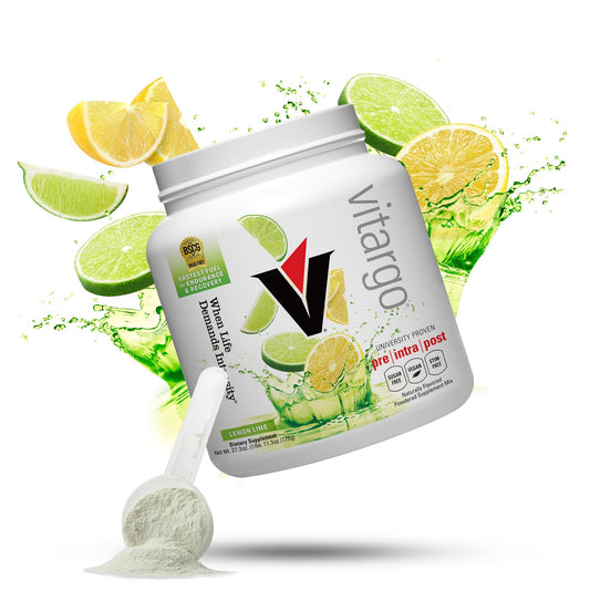 Vitargo lemon-lime tub with label highlighting fast glycogen support after workouts.