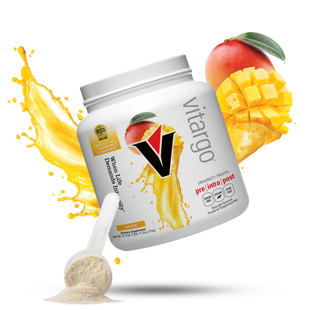 Vitargo Mango carbohydrate powder bottle supporting intense workouts.