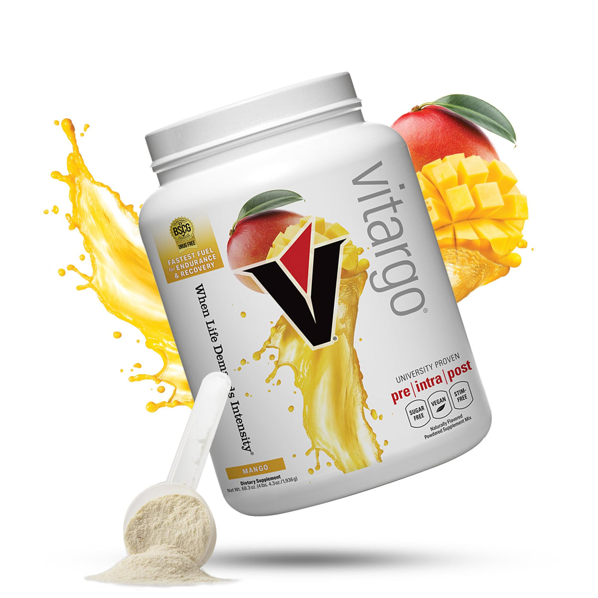 Vitargo Mango carbohydrate powder bottle, ready-to-use fuel for faster glycogen replenishment and steady energy.