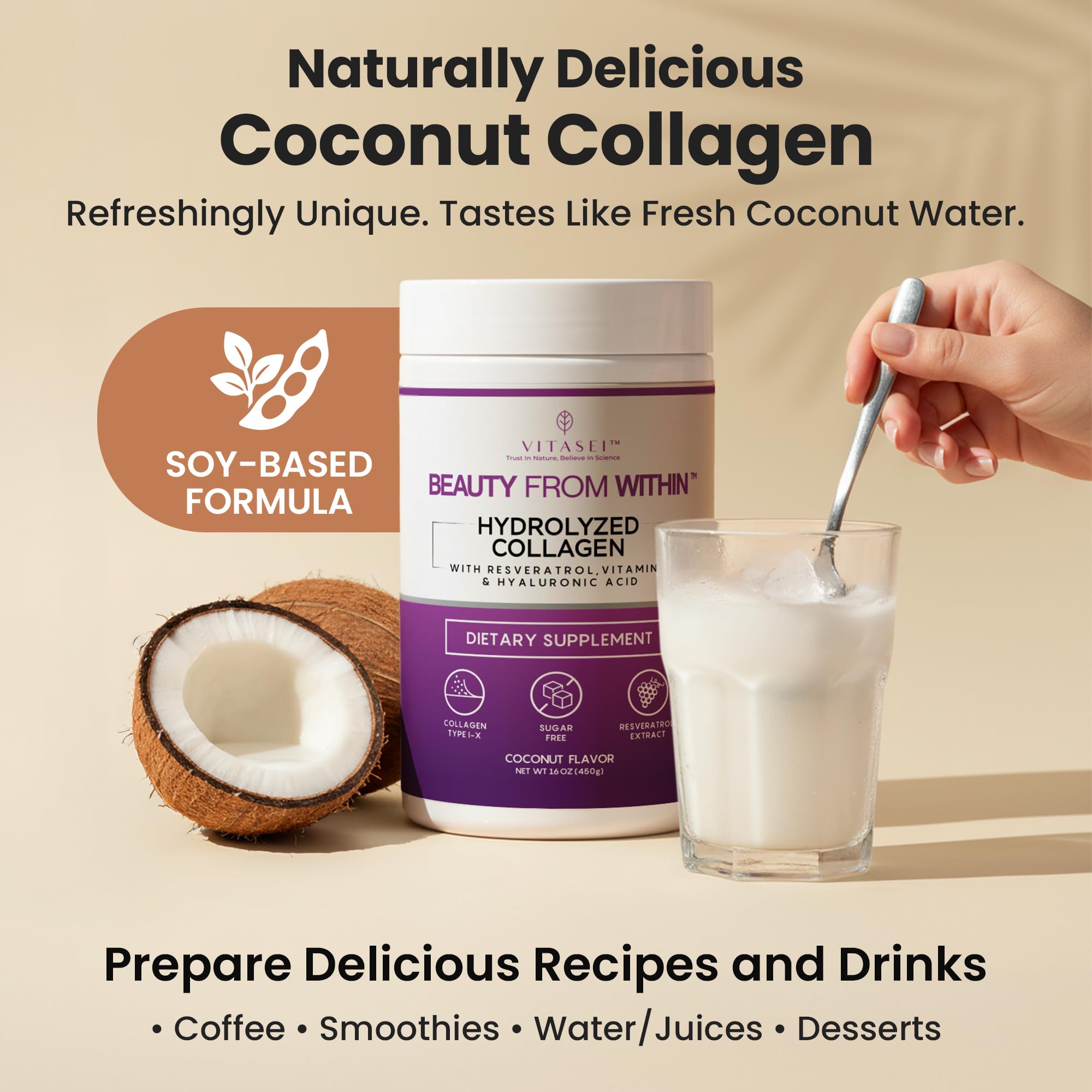 VITASEI coconut flavor collagen shake highlights versatile everyday use.