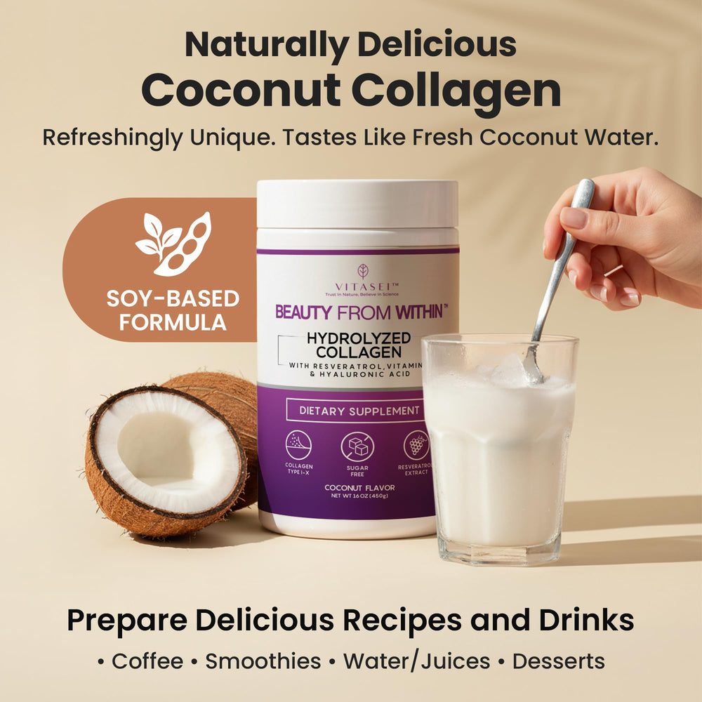 VITASEI coconut flavor collagen shake highlights versatile everyday use.