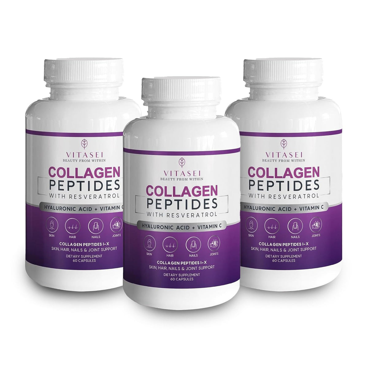 VITASEI collagen peptide capsules with hyaluronic acid bottle promotes hydrated, supple skin and flexible joints.