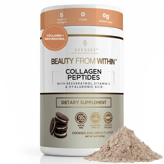 Vitasei collagen peptides jar shown for daily beauty and joint support.