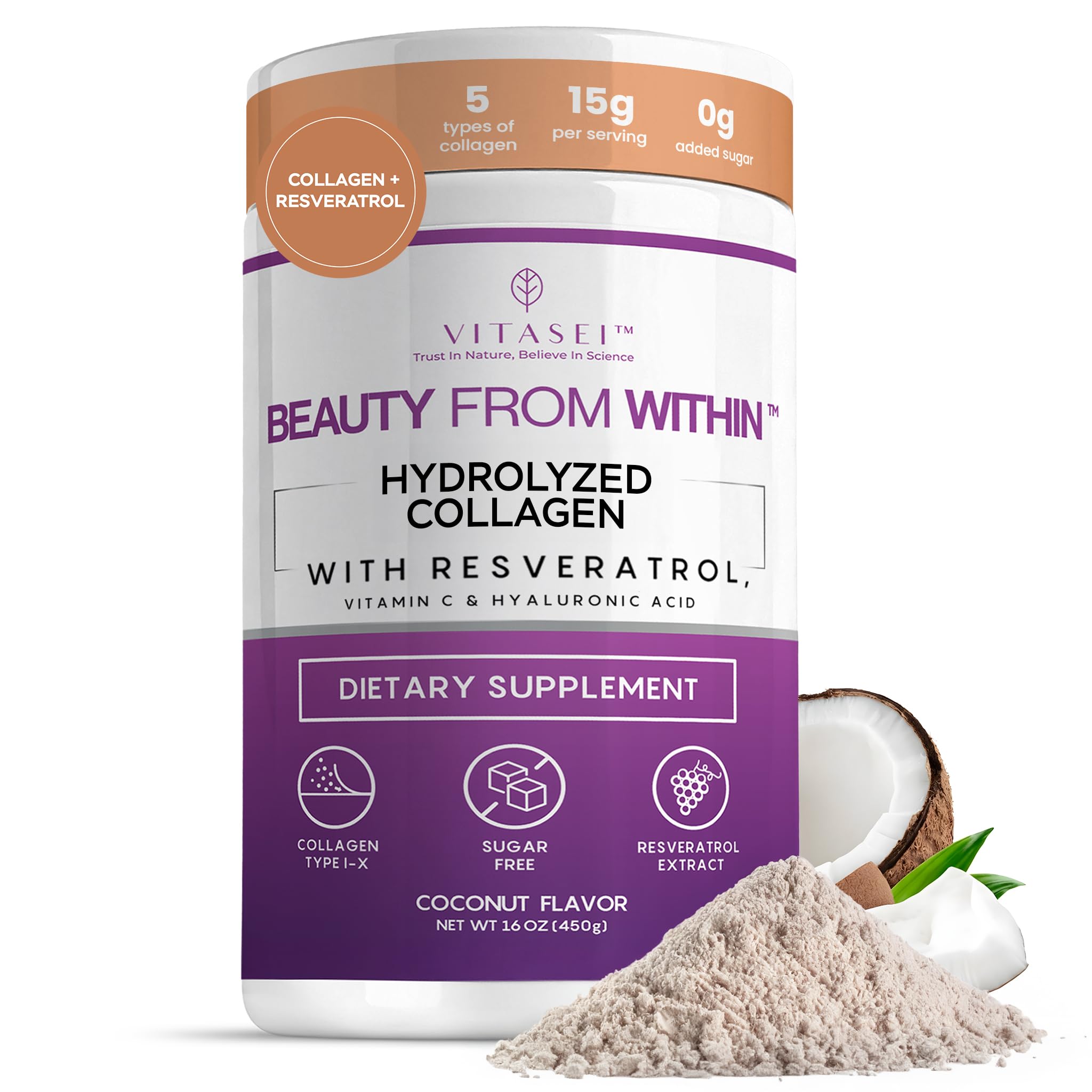 VITASEI hydrolyzed collagen bottle for daily beauty support with coconut flavor.