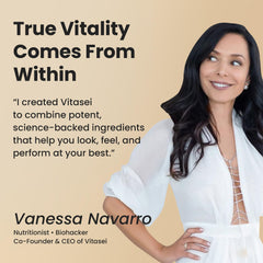 Closeup of VITASEI collagen powder container highlighting formula