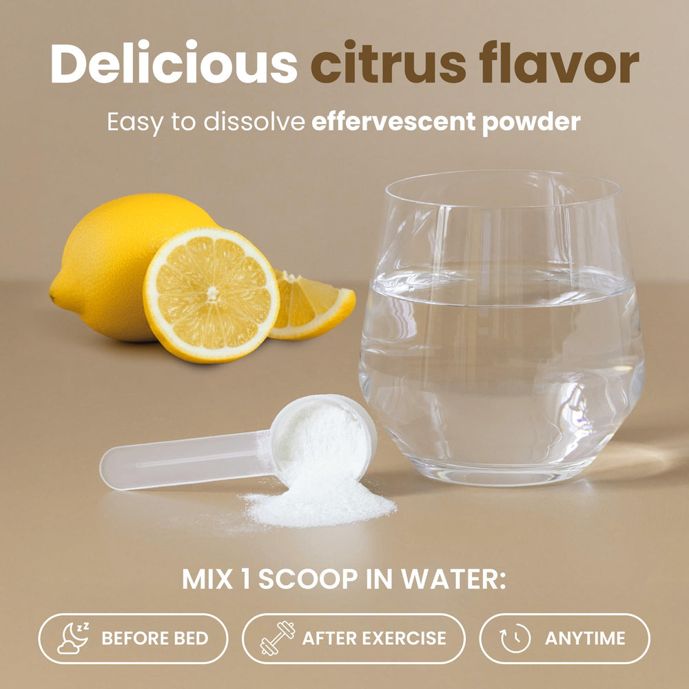 VITASEI Magnesium Total Care citrus flavor dissolving in a glass of water.