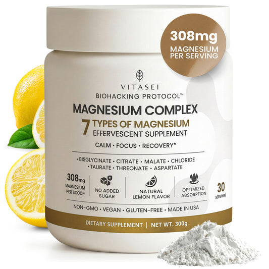 VITASEI Magnesium Total Care tub with scoop for easy daily supplementation.