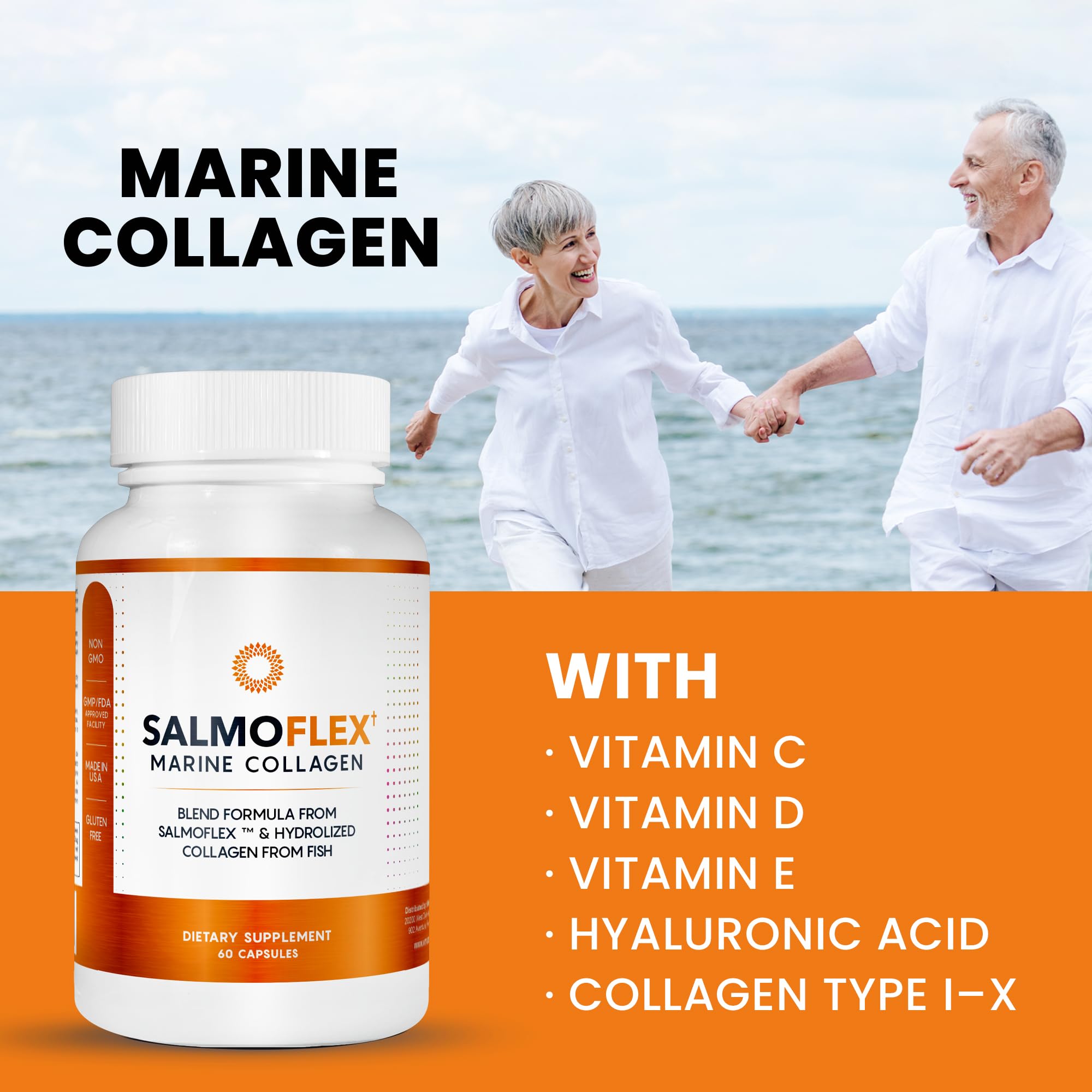 Ingredients panel showing salmon collagen, hyaluronic acid, and essential vitamins
