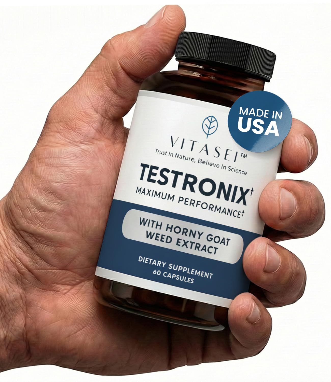 VITASEI Testronix bottle close-up highlighting energy and muscle support.