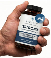 VITASEI Testronix bottle close-up highlighting energy and muscle support.
