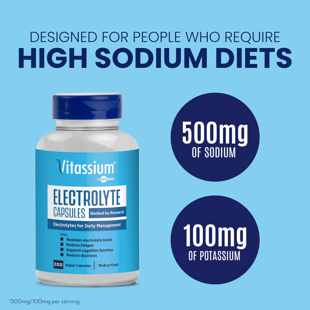 Vitassium electrolyte capsules bottle side view showing compact travel-friendly packaging for on-the-go use