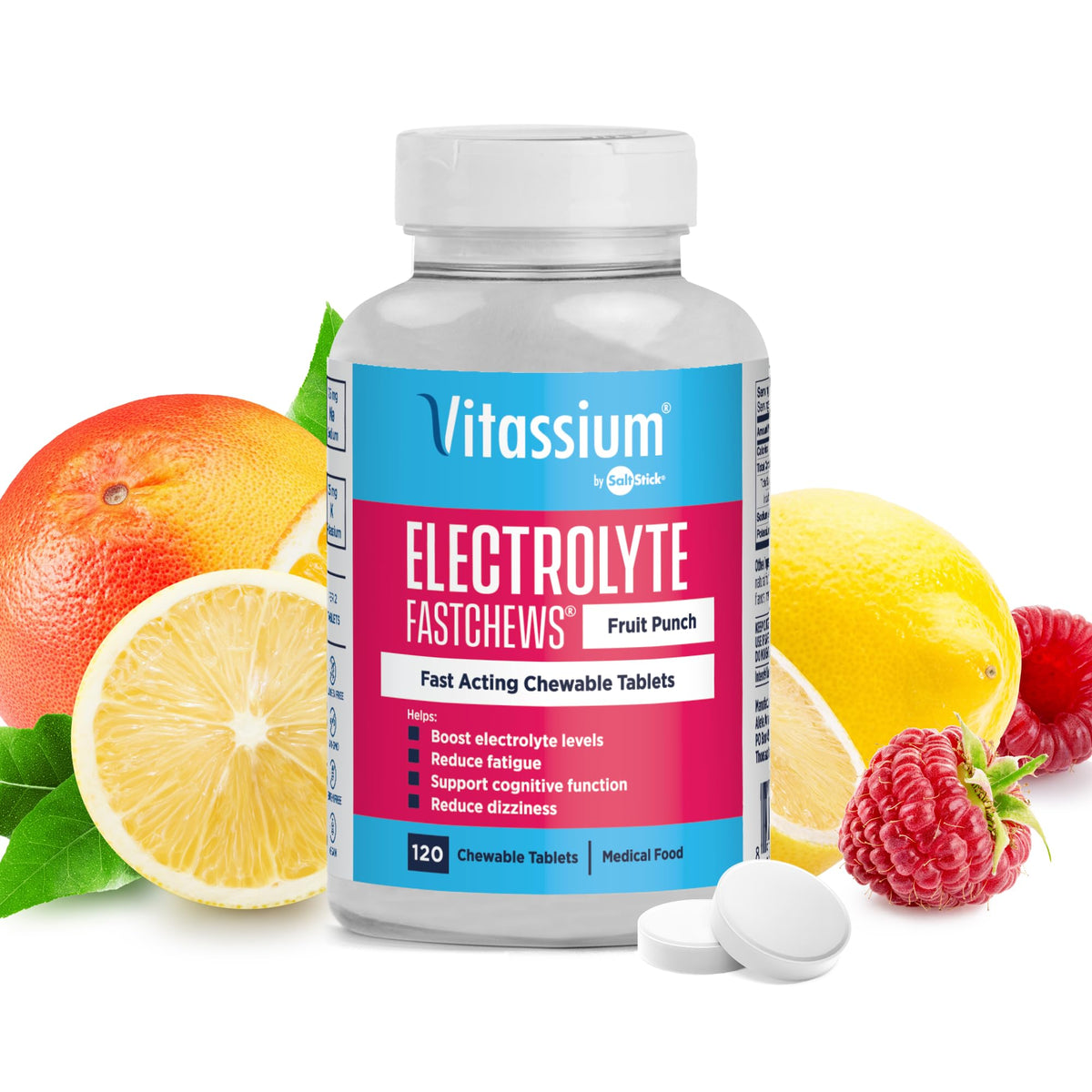 Vitassium FastChews bottle with chewable electrolytes for on-the-go support.