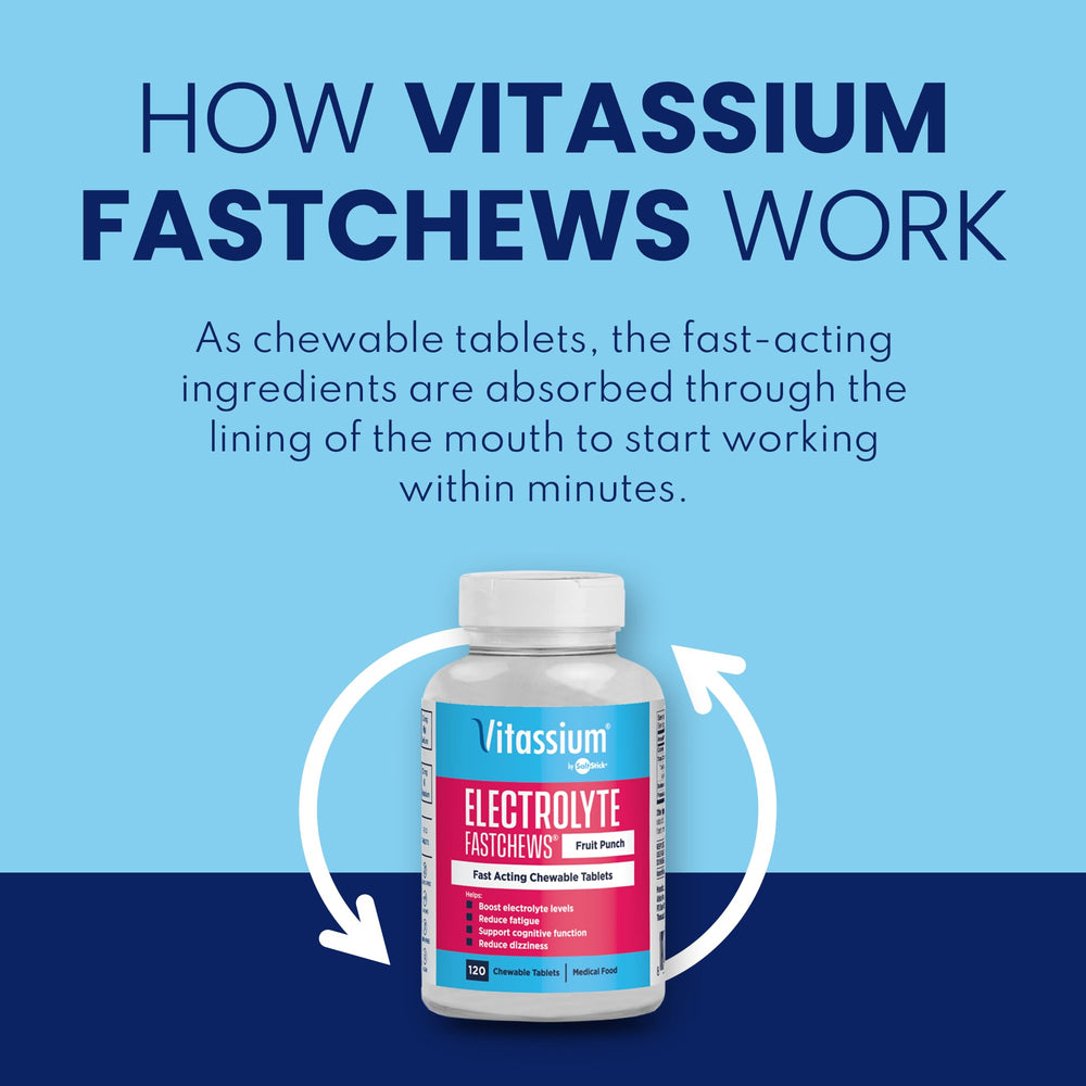 Close-up of Vitassium FastChews tablets highlighting fruit punch flavor.