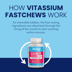 Close-up of Vitassium FastChews tablets highlighting fruit punch flavor.