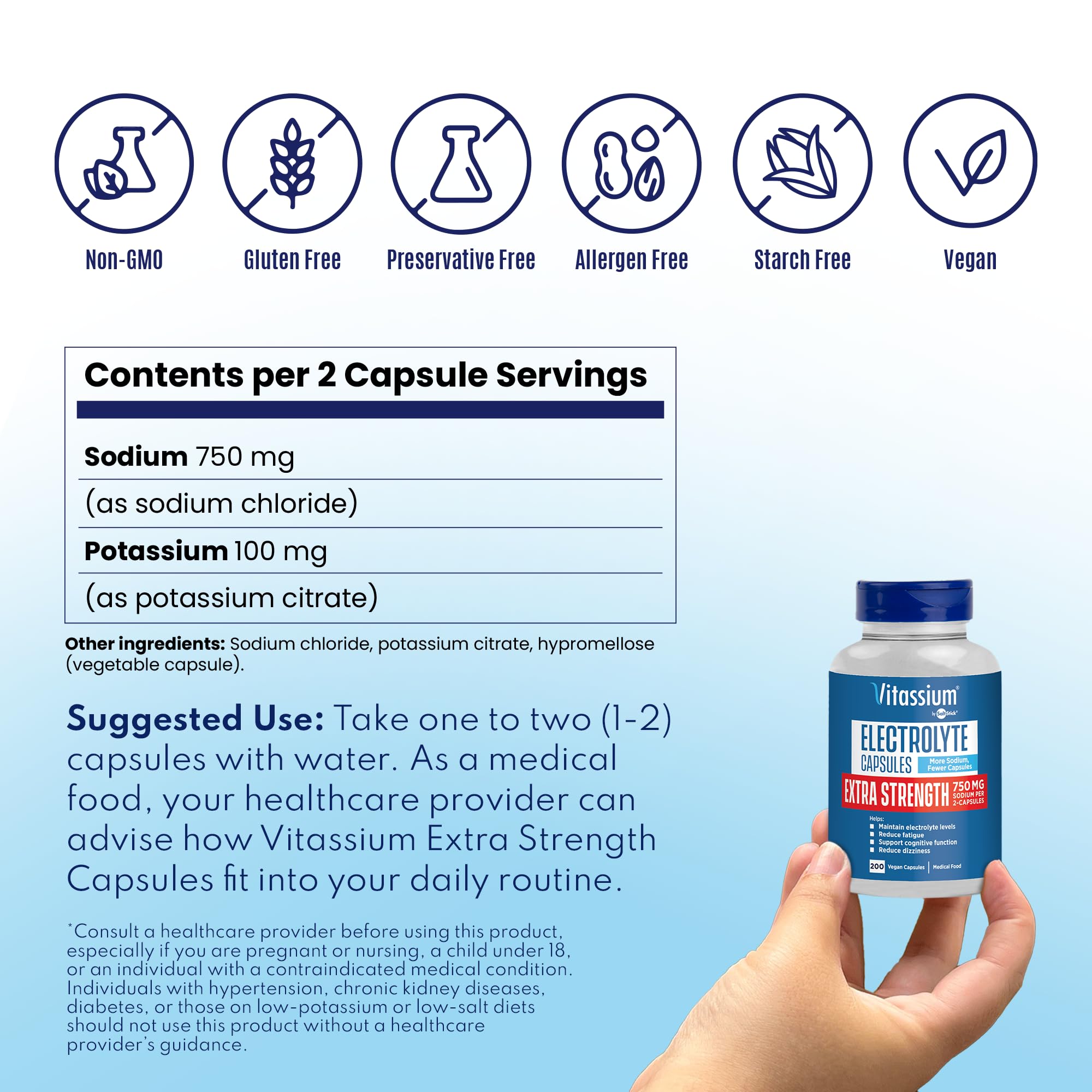 Vitassium vegan and gluten-free label indicating allergen-free formula