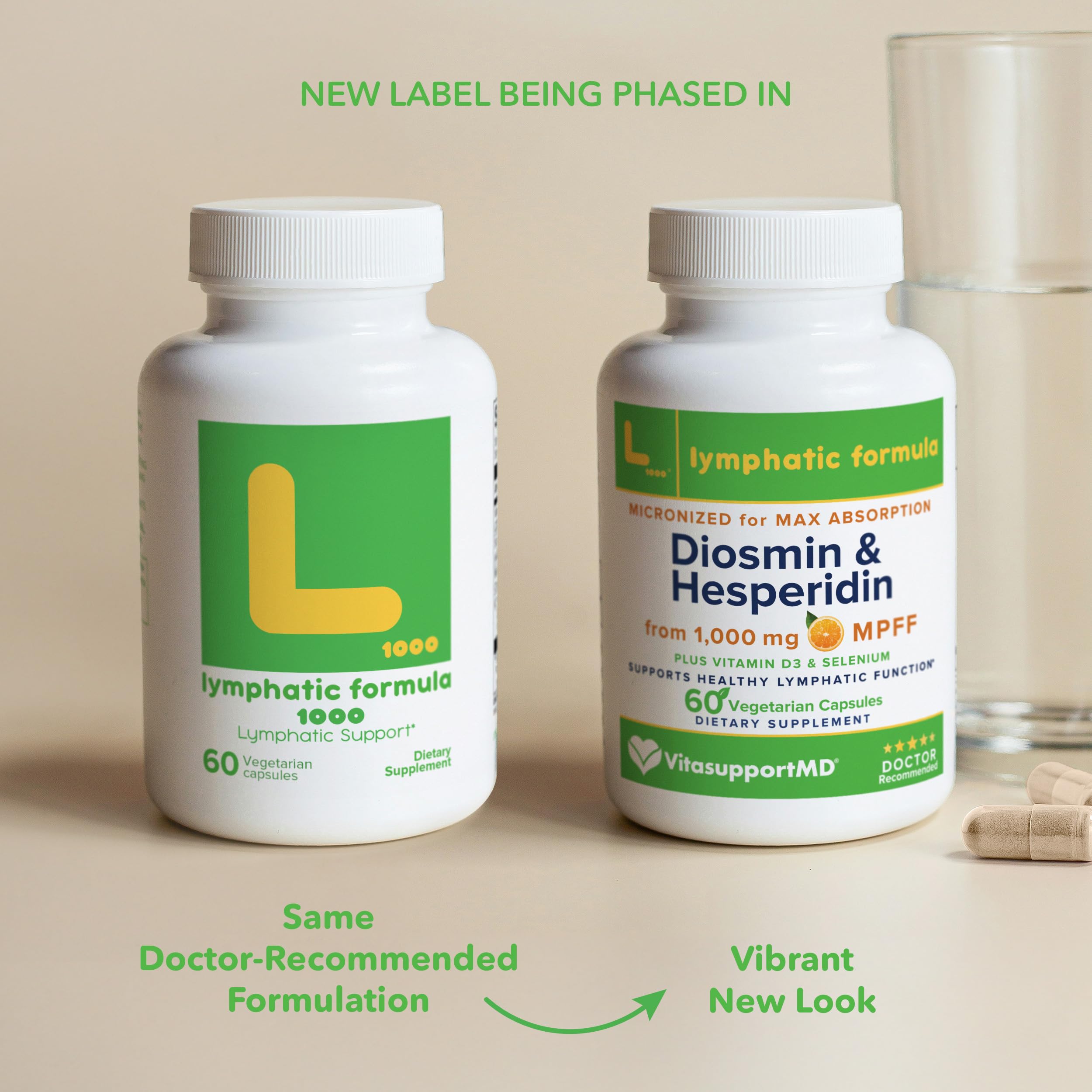 VITASUPPORTMD bottle pour image demonstrating two capsules per daily serving