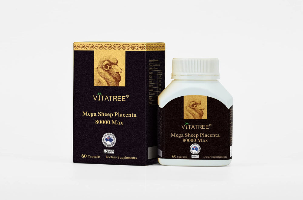 VitaTree Mega Sheep Placenta 80000 Max capsules close-up, nutrition-rich for vitality.