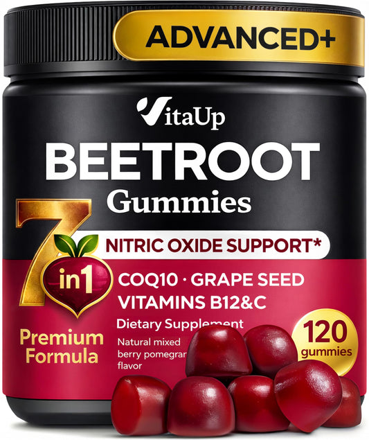 VitaUp Beet Root Gummies bottle front highlighting energy support and natural ingredients